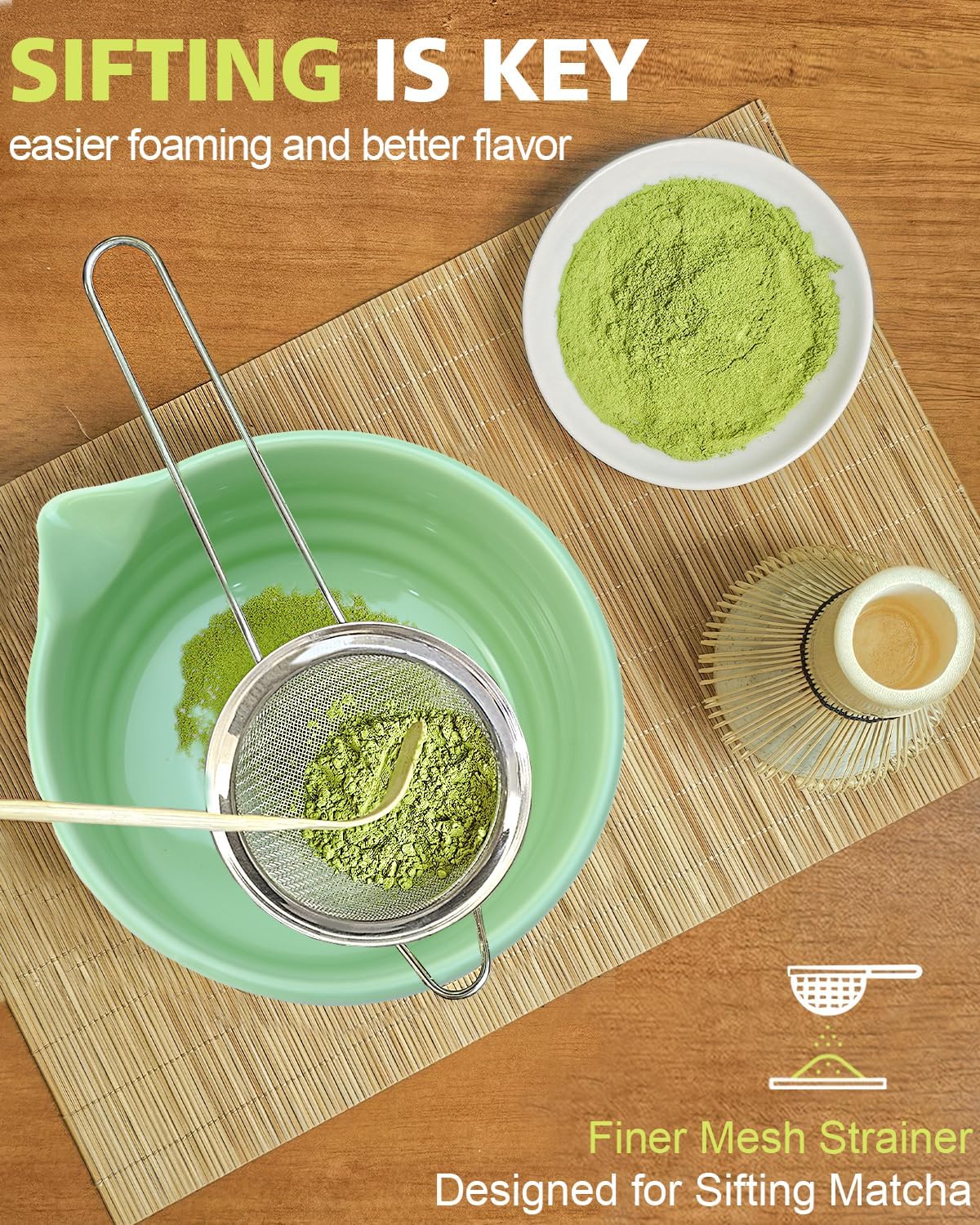 Vaiheng Matcha Whisk Set with Matcha Bowl, Matcha Whisk Holder Matcha Bamboo Whisks, Scoop, Sifter, Mothers Day Gifts for Women Mom Her Girl Friend Home Kitchen Decor Kit for Tea Enthusiasts