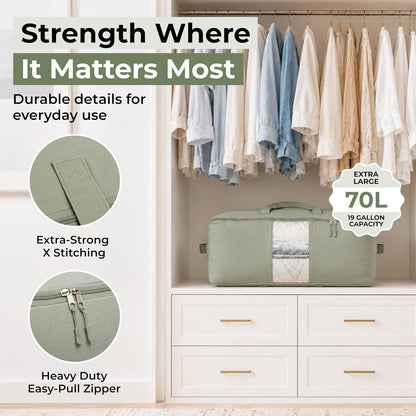 Soft Canvas Storage Bags with Zipper. Thick Breathable, 2pc King/Queen Comforter Organizer. Four Carrying Handles and Window. Large 25x19x9in Bag for Sheets Blankets Bedding Pillows, Clothes