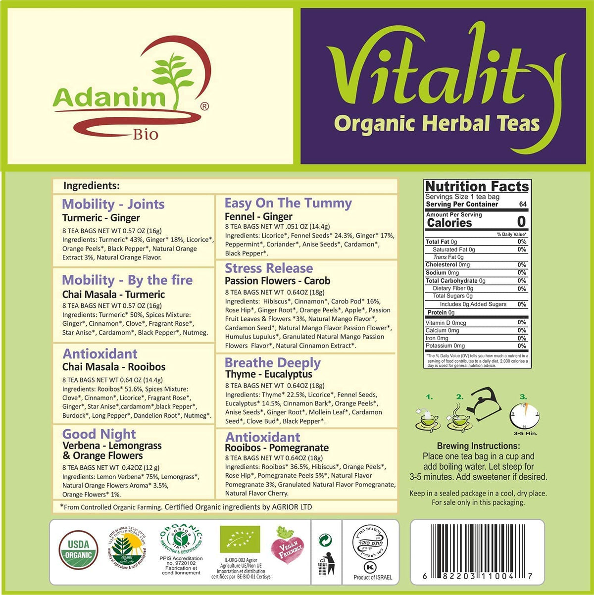 Adanim Bio Vitality Organic Herbal Tea Sampler Gift Box Caffeine Free 8 Unique Flavors for Tea Lovers 64 Individually Wrapped Tea Bags Variety Pack