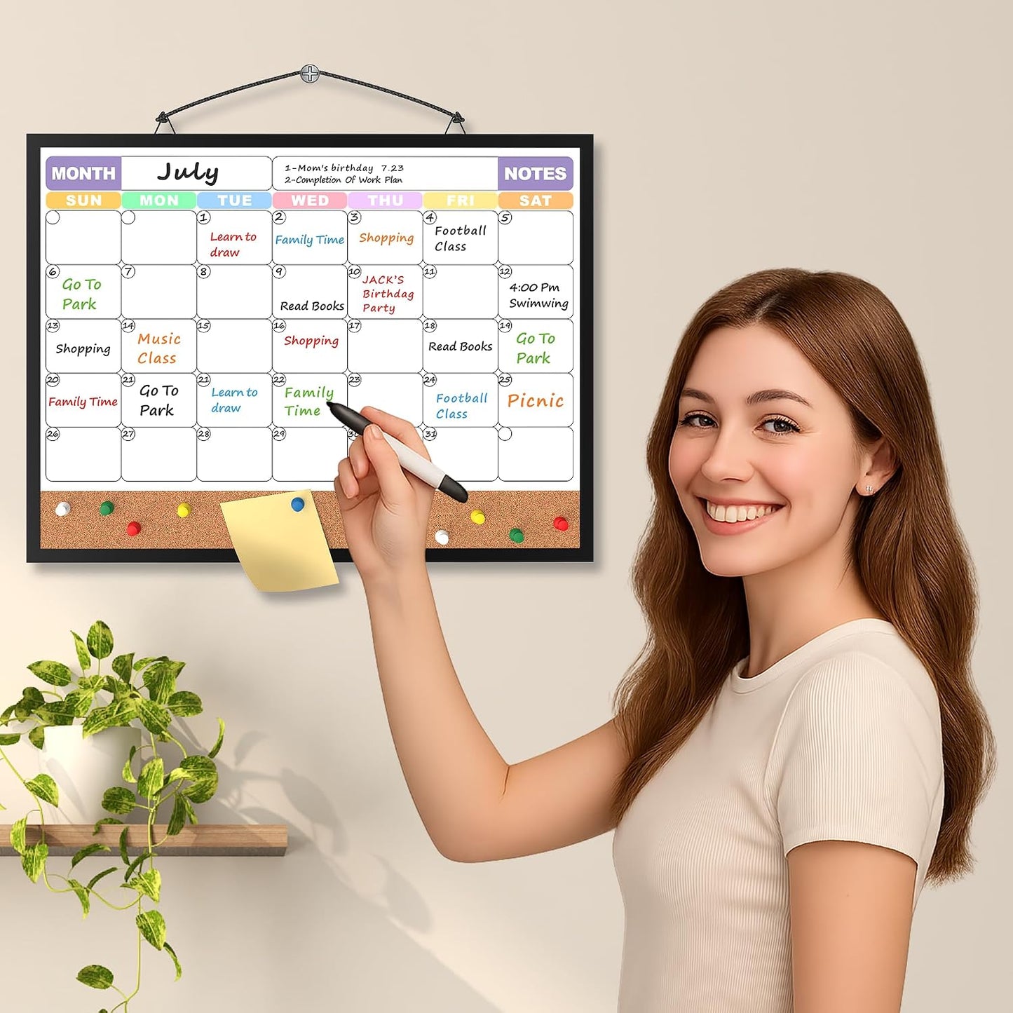 Monthly Calendar Dry Erase Board 16x12 Inch, Double-Sided Whiteboard and Corkboard Combo, Wall Mounted Planner Organizer with Markers, Magnets, Push Pins, Eraser, for Home Office School
