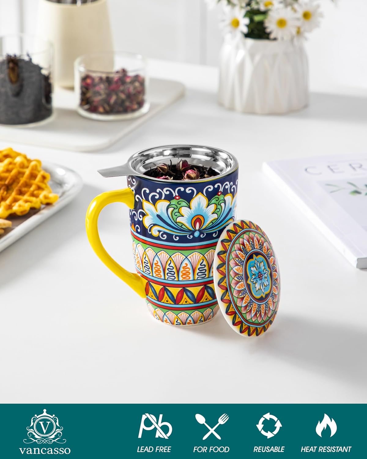 vancasso Ceramic Tea Mug with Infuser and Lid, 18 Ounce Bohemian Loose Leaf Cup, Microwave & Dishwasher Safe, Perfect for Tea, Coffee, Burnt-Cobalt Mandala