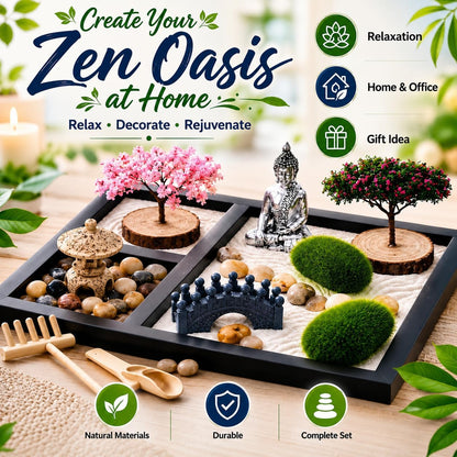 Zen Garden for Desk - Tabletop Sand Garden Kit - Mini Sand Tray Decor - Black Display Tray with Buddha Ornament, Pebbles and Moss Accents - Suitable for Office Desk Decoration and Home Decor