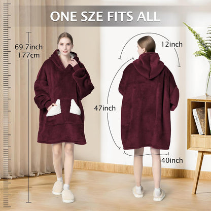 Touchat Wearable Blanket Hoodie, Oversized Sherpa Blanket Sweatshirt with Hood Pocket and Sleeves, Super Soft Warm Plush Hooded Blanket for Adult Women Men, One Size Fits All (Pink)