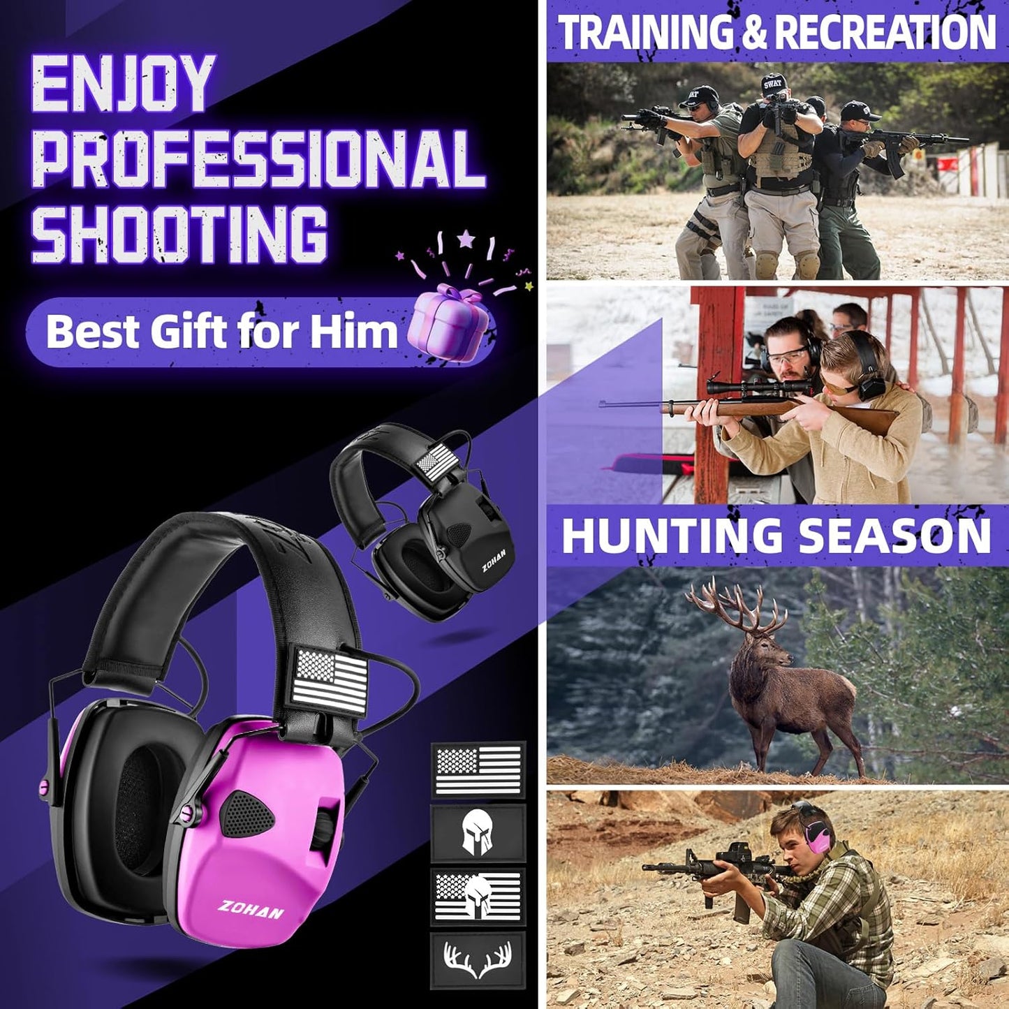 ZOHAN Electronic Shooting Earmuffs Built in Ambient Sound Amplifier, Hearing Protection for Shooters, NRR 23dB Noise Reduction, Ideal Gun Range Ear Protection Headphones for Hunting-Black&Purple