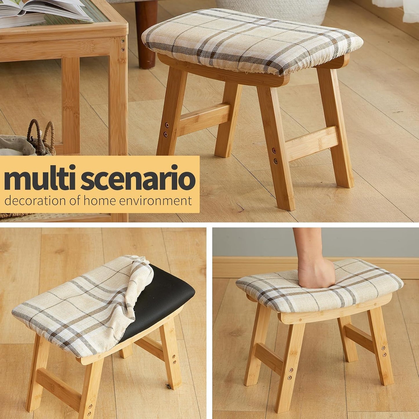 Foot Stool Ottoman Foot Rest Under Desk,Small Stool for Living Room, Bedroom and Kitchen (Brown Legs - Beige Stool Surface)