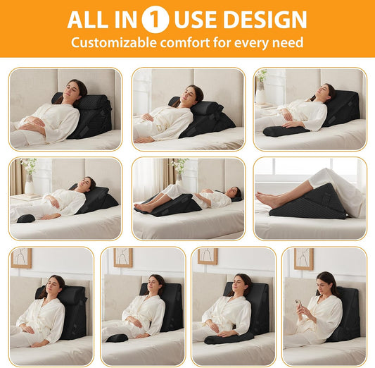 Ruqmuis 3PCS Wedge Pillow Set for After Surgery, Adjustable 9&12 Inch Bed Wedge Pillow for Sleeping, Incline Pillow Wedge for Headboard, Post Surgery, Acid Reflux, Neck&Back Support, White/Grey
