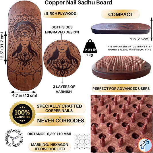 TENGRY Sadhu Board, Specially Crafted Copper Nails, 0,39 In (10 mm), Light Foot Board, Wooden Nail Boards for Feet, Acupuncture, Acupressure Mat, Nail Board, Yoga Gift