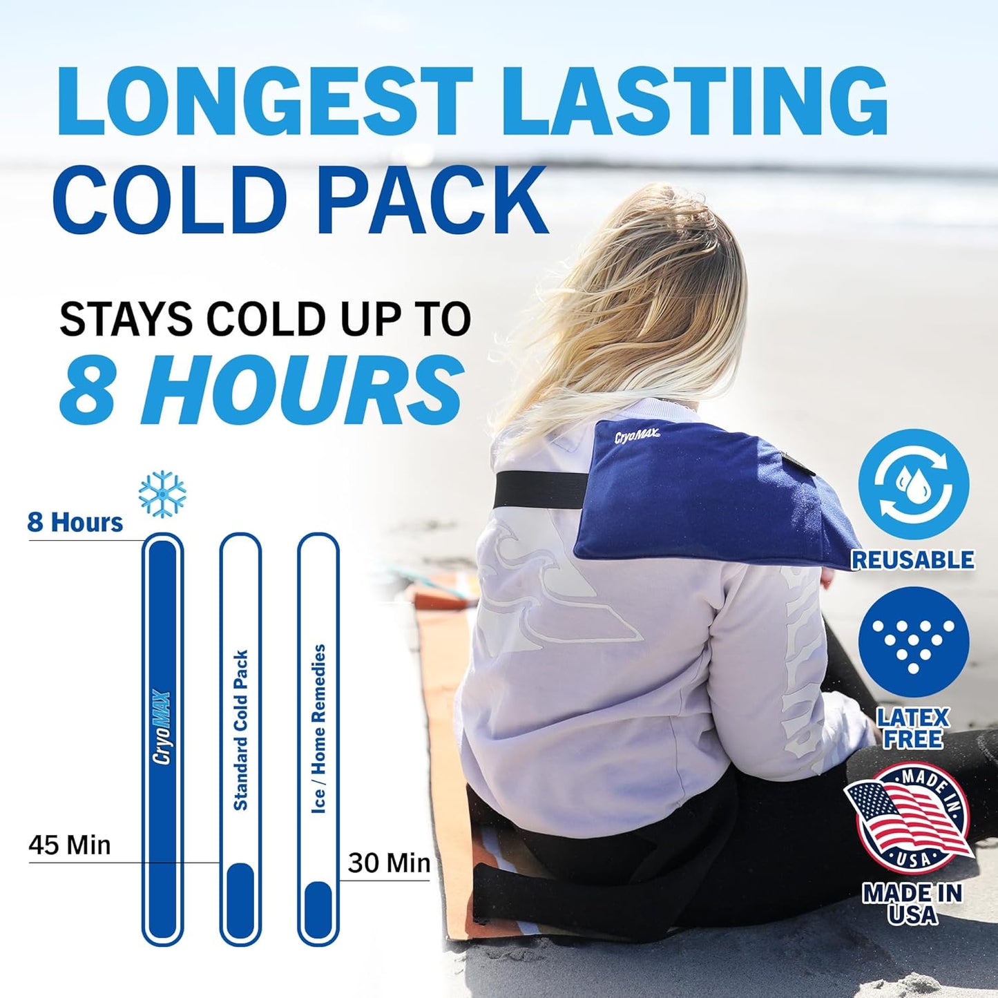 Cryo-Max Cold Pack, 8 Hour Reusable Cold Therapy Ice Pack for Elbows, Knees, Neck + More, Medium, 6" x 12" (1 Count)