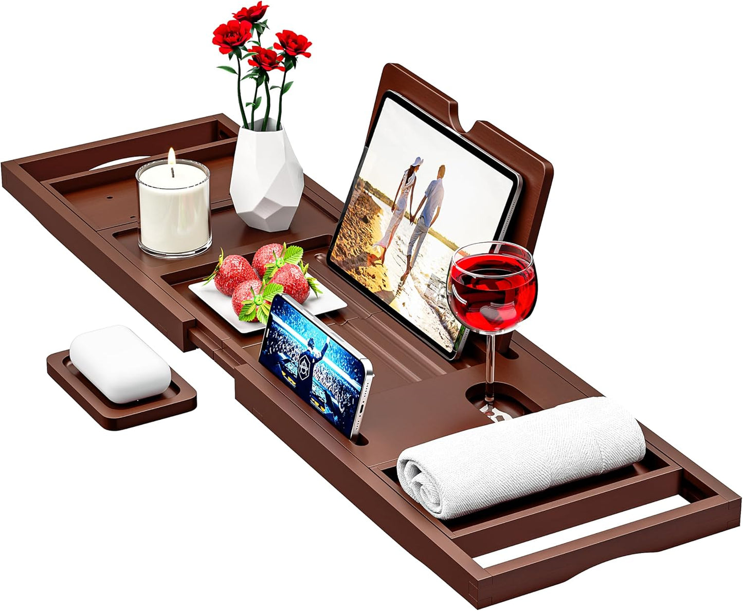 Premium Bamboo Bathtub Tray Caddy - Bath Tub Tray Table for Bathtub - Bath Caddy Tray for Bathtub, Expandable Size, Fits Most Bath Tubs