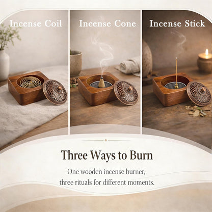 Acacia Wood Incense Burner for Cones & Coils, with Sticks Holder