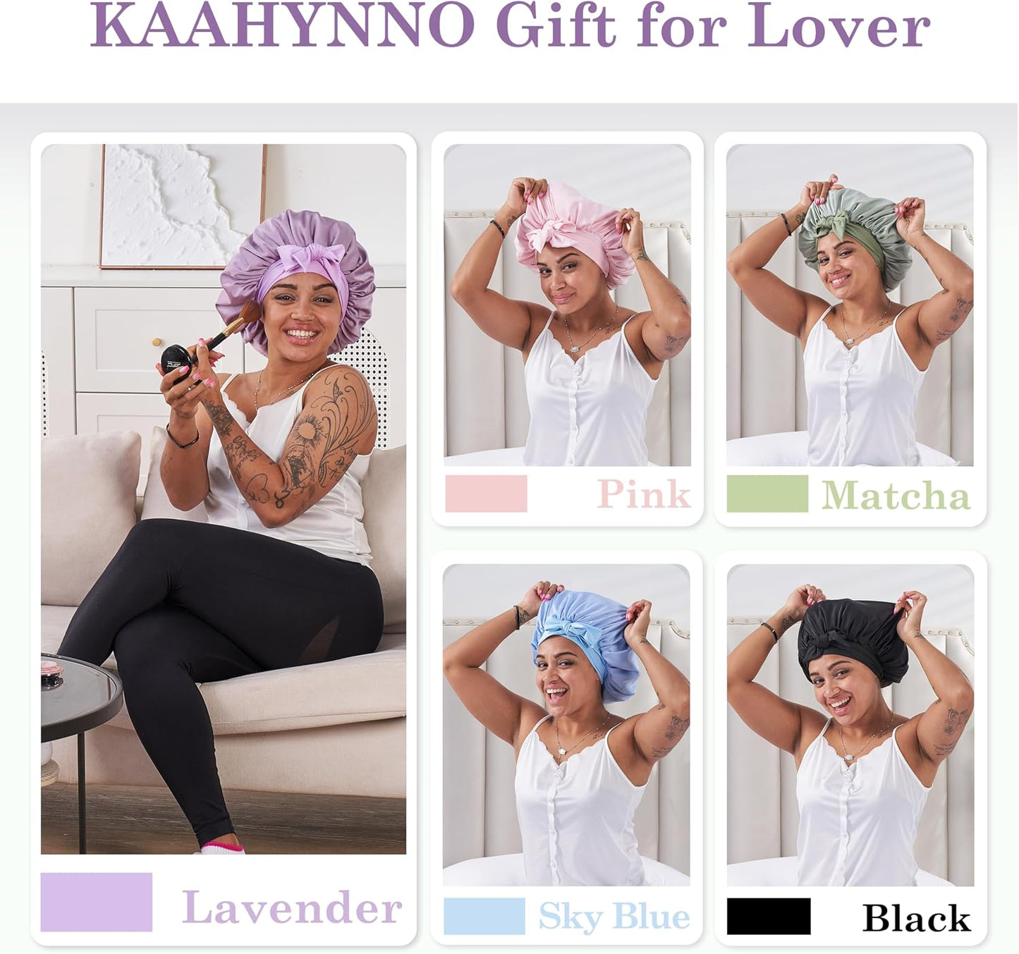 Silk Satin Bonnet Hair Wrap for Sleeping Women, Adjustable Tie Band Double Layer Sleep Night Head Cover for Curly Braid Fine