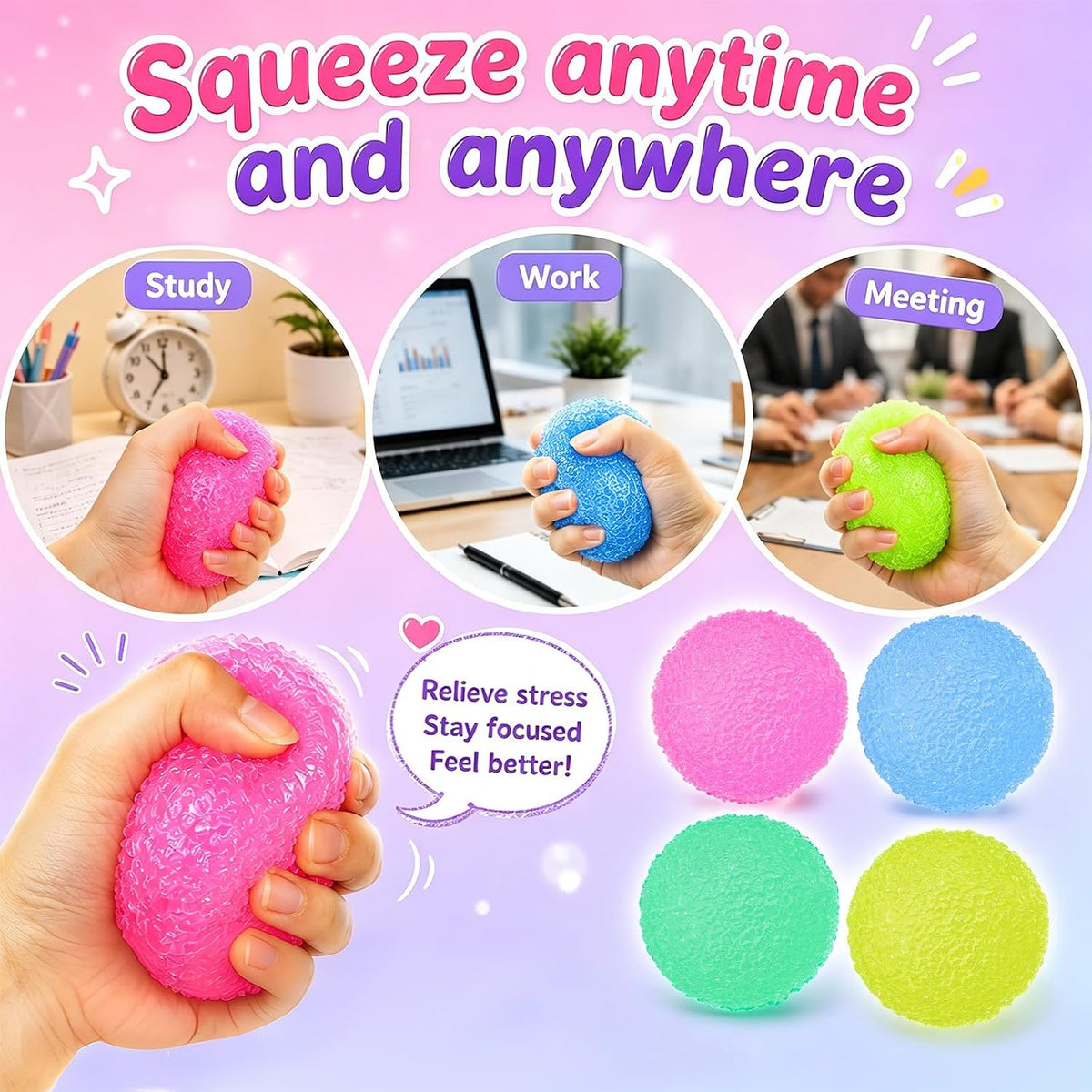 4PCS Textured Stress Balls, Squeeze Balls Fidget Balls for Anxiety Stress Relief, Squishies Fidget Toys for Teens and Adults, Sugar Balls for Classroom Prize Favors Easter Basket Stuffers