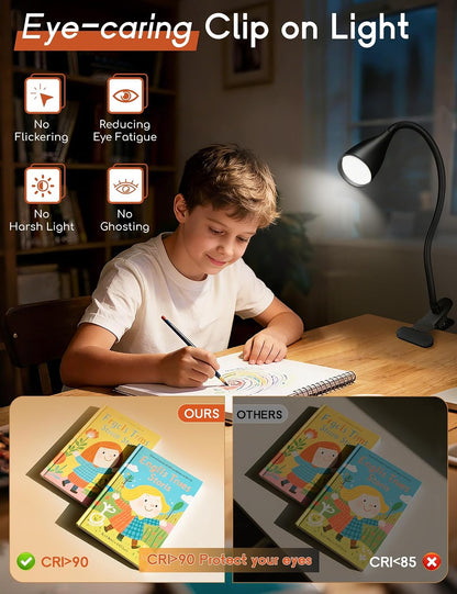 Reading Light for Book in Bed, Clip on Light Reading Lamp with Adapter, 5 Color Modes 10 Brightness, 360° Flexible Eye-Caring Clip on Desk Lamp Book Light for Reading in Bed Headboard Bedside Bedroom