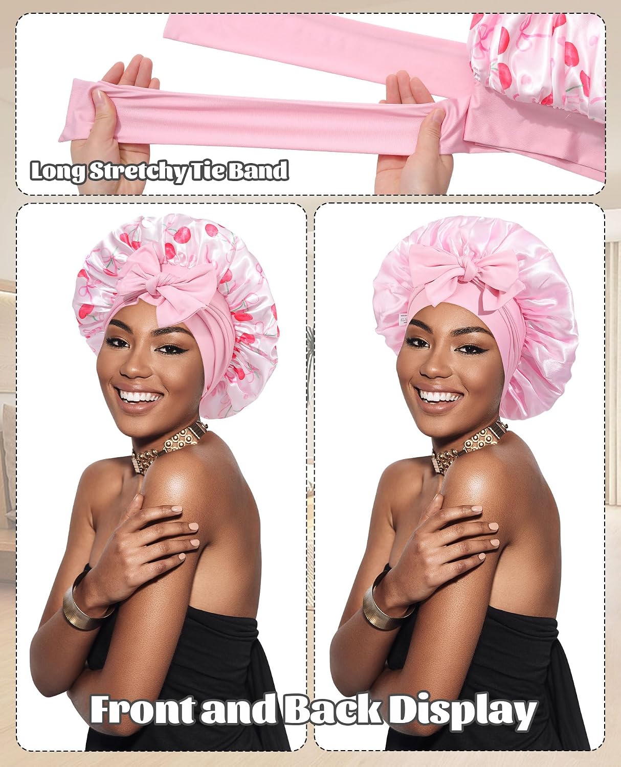 Satin Bonnet for Sleeping Cap Double Layer Hair Bonnet with Elastic Tie Band for Curly Hair Night Cap (Bean Paste + Pink)
