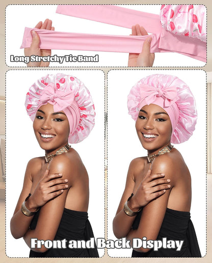Satin Bonnet for Sleeping Cap Double Layer Hair Bonnet with Elastic Tie Band for Curly Hair Night Cap (Bean Paste + Pink)