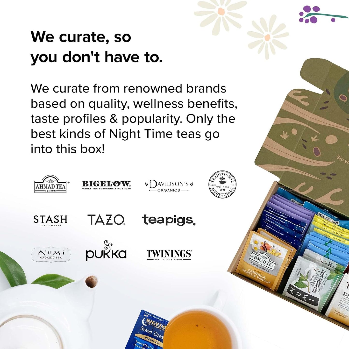 Sippingly Night Time Tea Sampler – 40 Herbal Teas – 10 Flavors from Top Brands – Chamomile, Lavender, Passionflower – Perfect Relaxation & Calm Support – Ideal Wellness Gift – Kosher, Gluten-Free