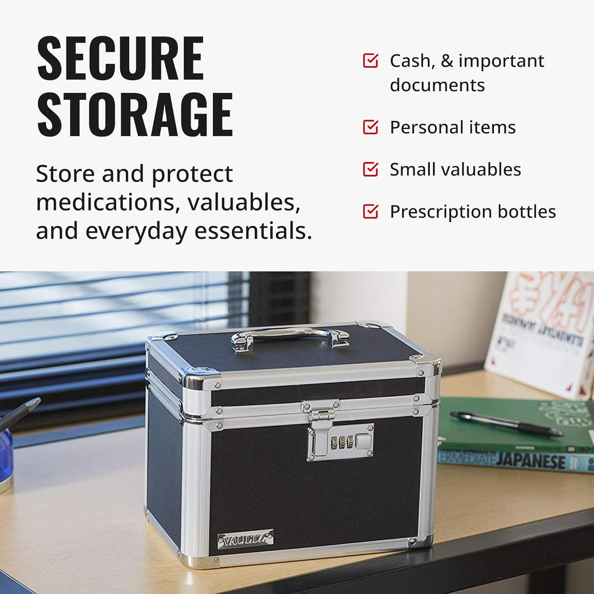 Vaultz Secure Security Lock Boxes - Safe Combination Lock Box, Storage for Documents, Valuables, Medicine & Money - 9.88 x 7.75 x 7 Inch - Black/Chrome