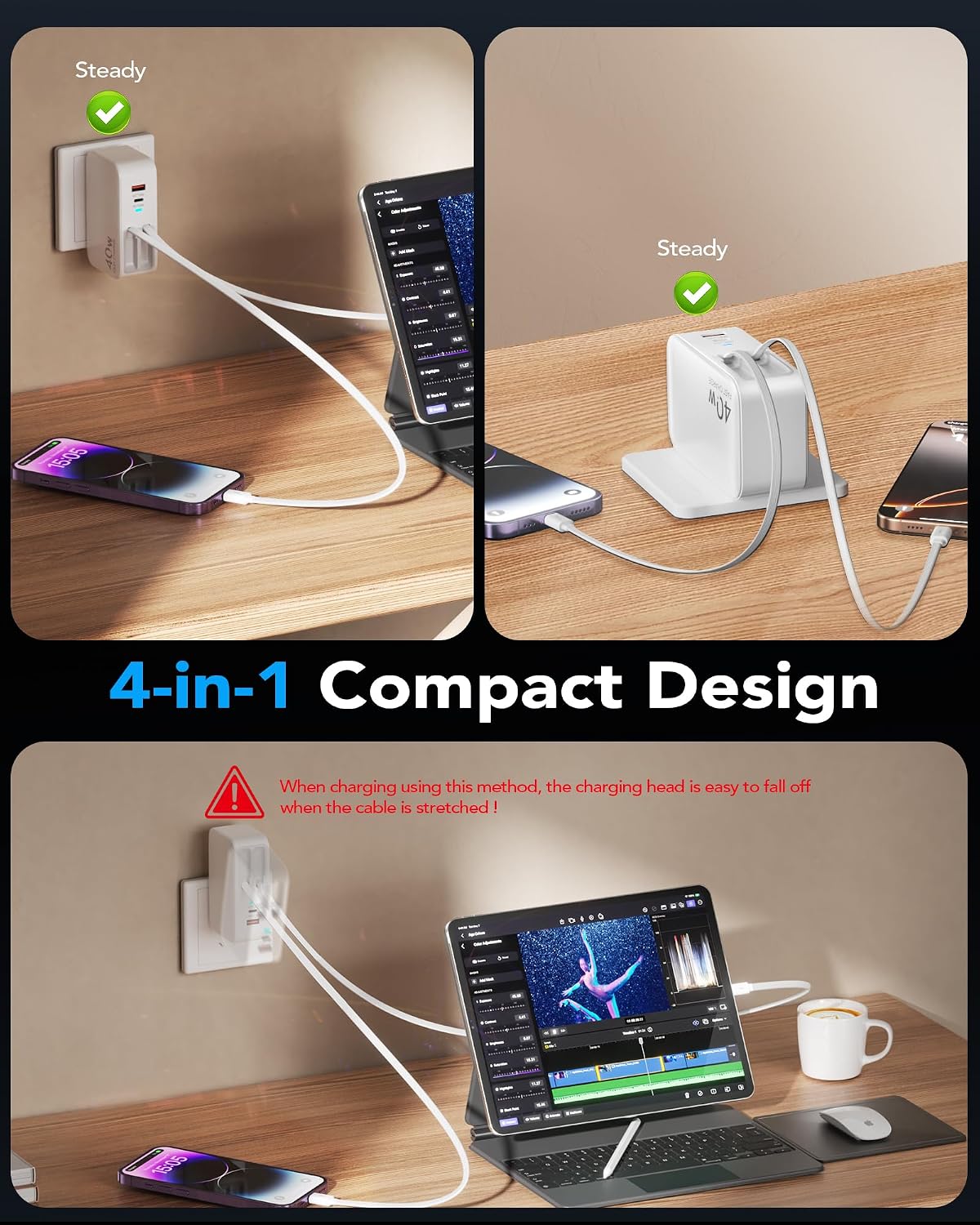 4-in-1 Retractable USB C Wall Charger,40W Fast Charging for Multi-Device