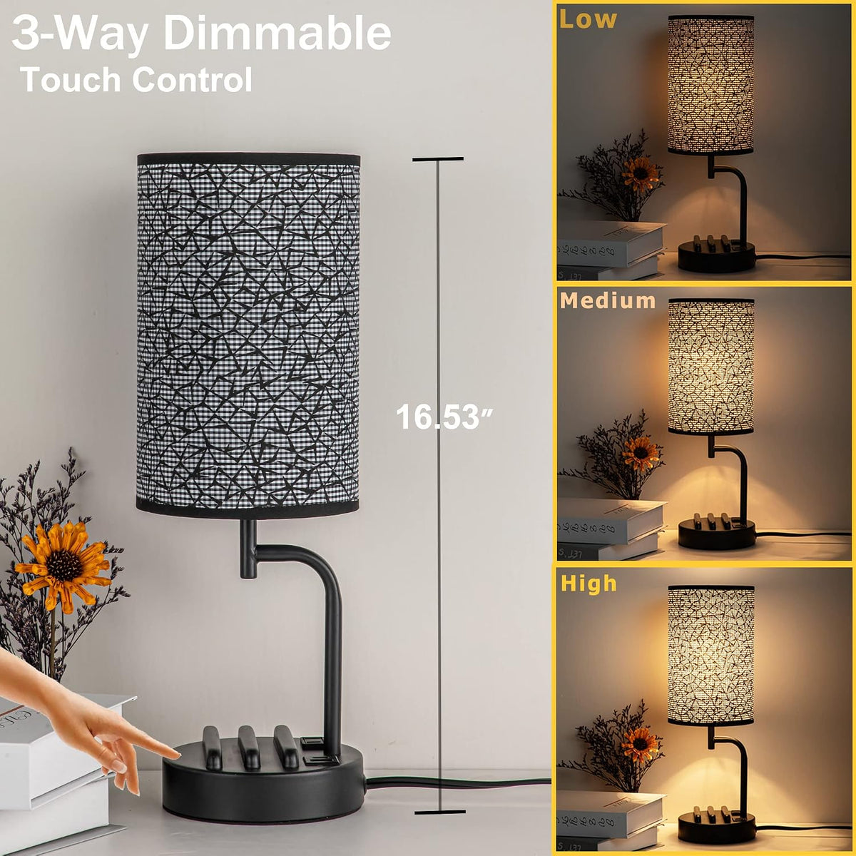 Dreamholder Touch Control USB Table Lamp, Upgraded 3-Way Dimmable Bedside Desk Lamp with USB C & A Charging Ports and AC Outlet, Nightstand Lamp for Bedroom, Dimmable 9W LED Bulb Included