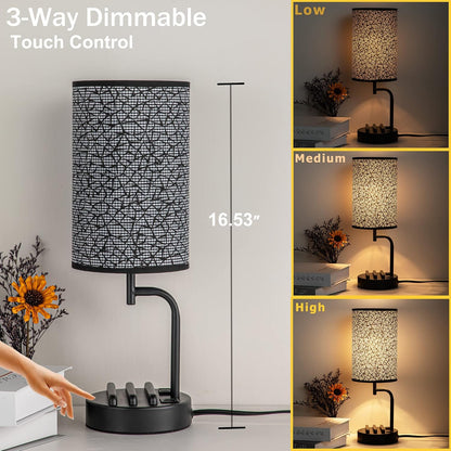 Dreamholder Touch Control USB Table Lamp, Upgraded 3-Way Dimmable Bedside Desk Lamp with USB C & A Charging Ports and AC Outlet, Nightstand Lamp for Bedroom, Dimmable 9W LED Bulb Included