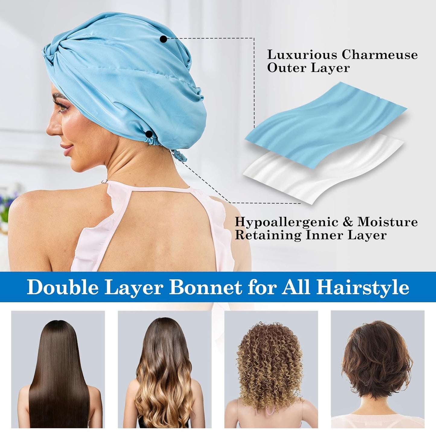 Adjustable Silk Satin Bonnet for Sleeping Hair Wrap, Double Layer Sleep Cap, Night Turban for Large Long Curly Braid Women Men Hair - Matcha Green