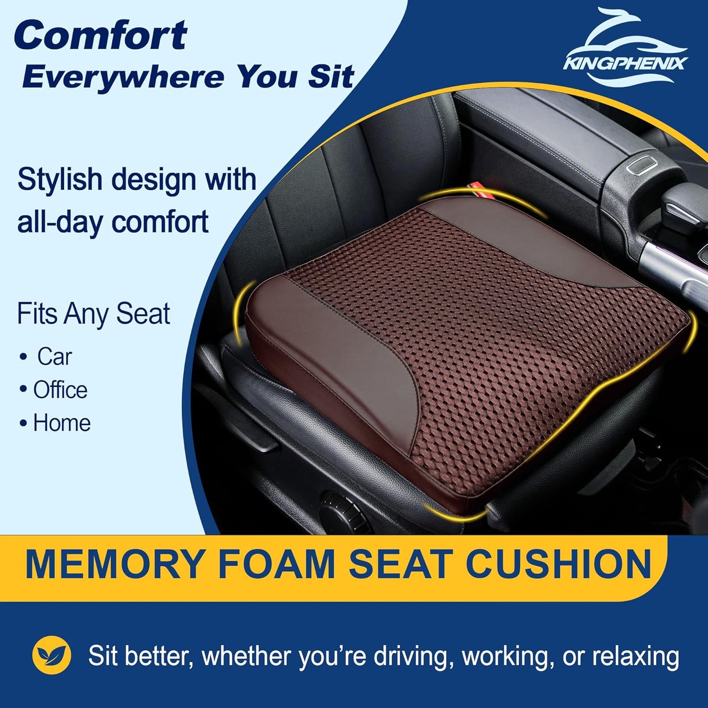 kingphenix Premium Car Seat Cushion, Memory Foam Driver Seat Cushion to Improve Driving View- Coccyx & Lower Back Pain Relief - Seat Cushion for Car, Truck, Office Chair (Leather Black)