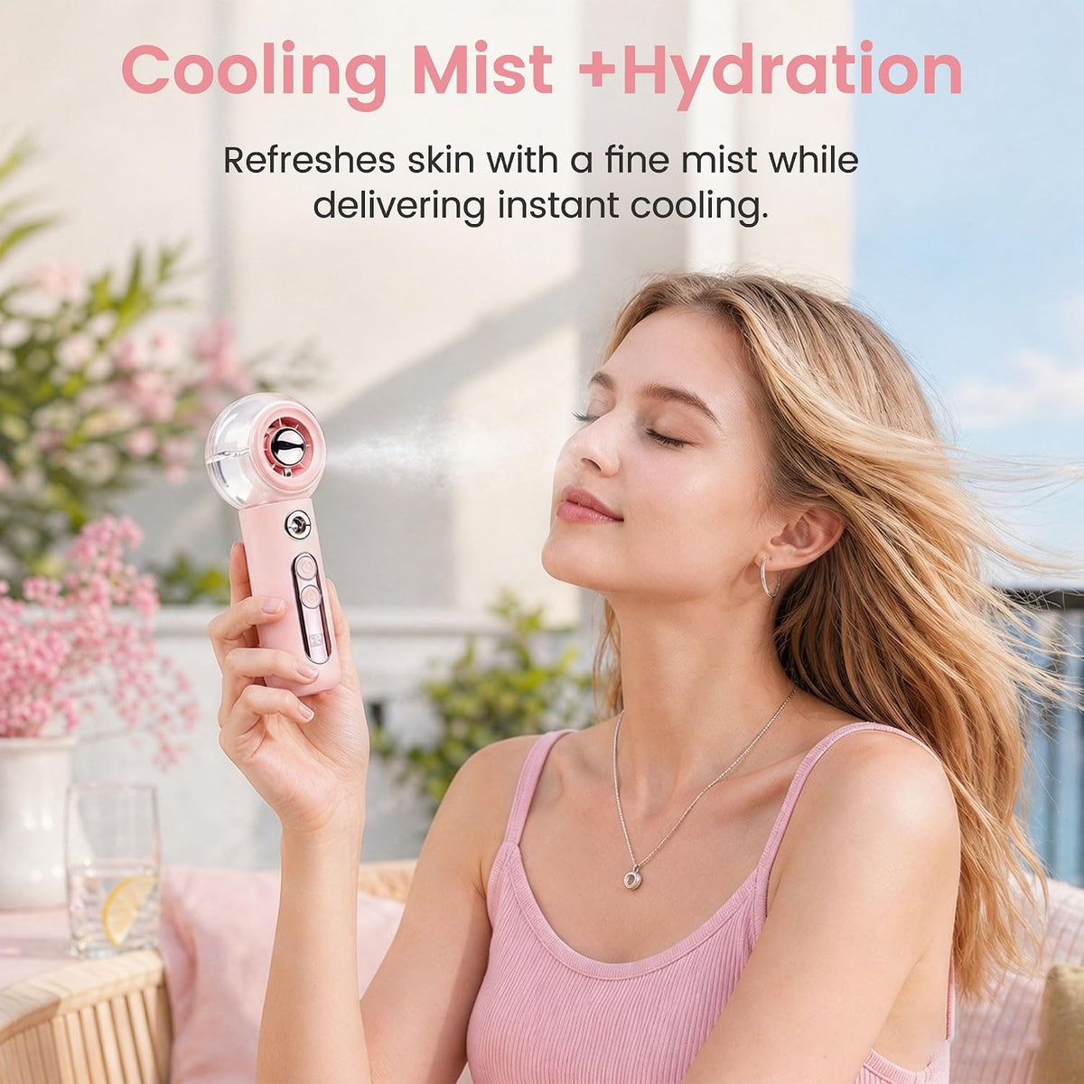 Handheld Portable Fan with Misting,High-Speed Brushless Motor,Ultra Long Lasting Rechargeable Battery,Personal Fans Portable Rechargeable,Suitable for Travel,Camping, Beach and Office Desk,Gift (PINK)
