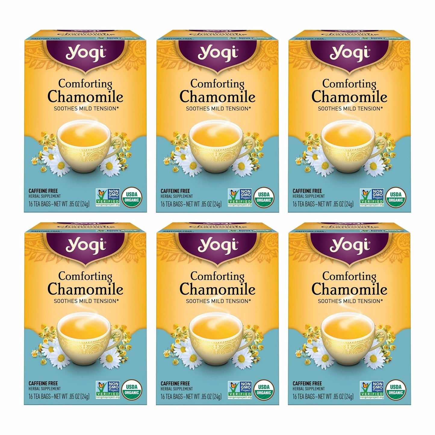 Yogi Tea Comforting Chamomile Tea - 16 Tea Bags per Pack (6 Packs) - Organic Chamomile Tea Bags - Supports a Good Night's Sleep & Occasional Stomach Discomfort - Made from Organic Chamomile Flower