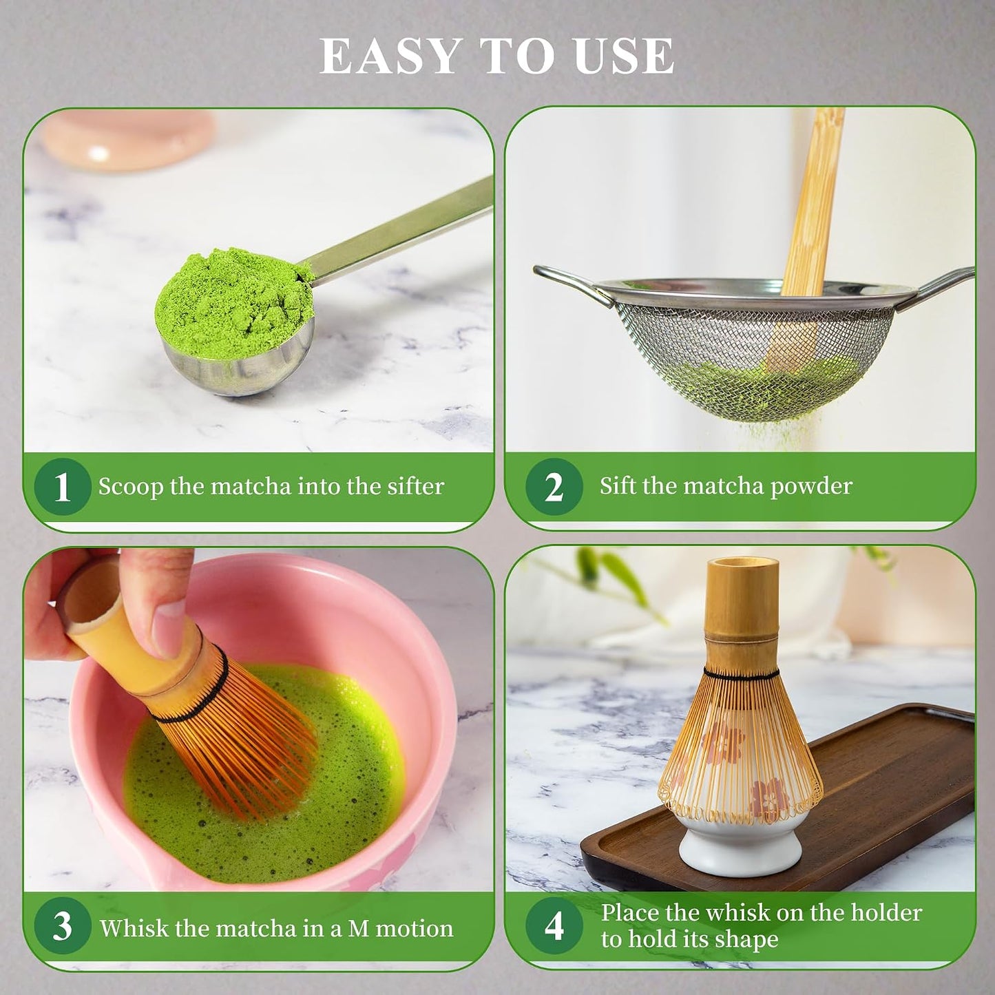Matcha Whisk Set with Ceramic Bowl - Complete Matcha Making Kit, Bamboo Whisk (Chasen), Whisk Holder, Matcha Powder Sifter, Scoop, Japanese Tea Ceremony Tools（Green）
