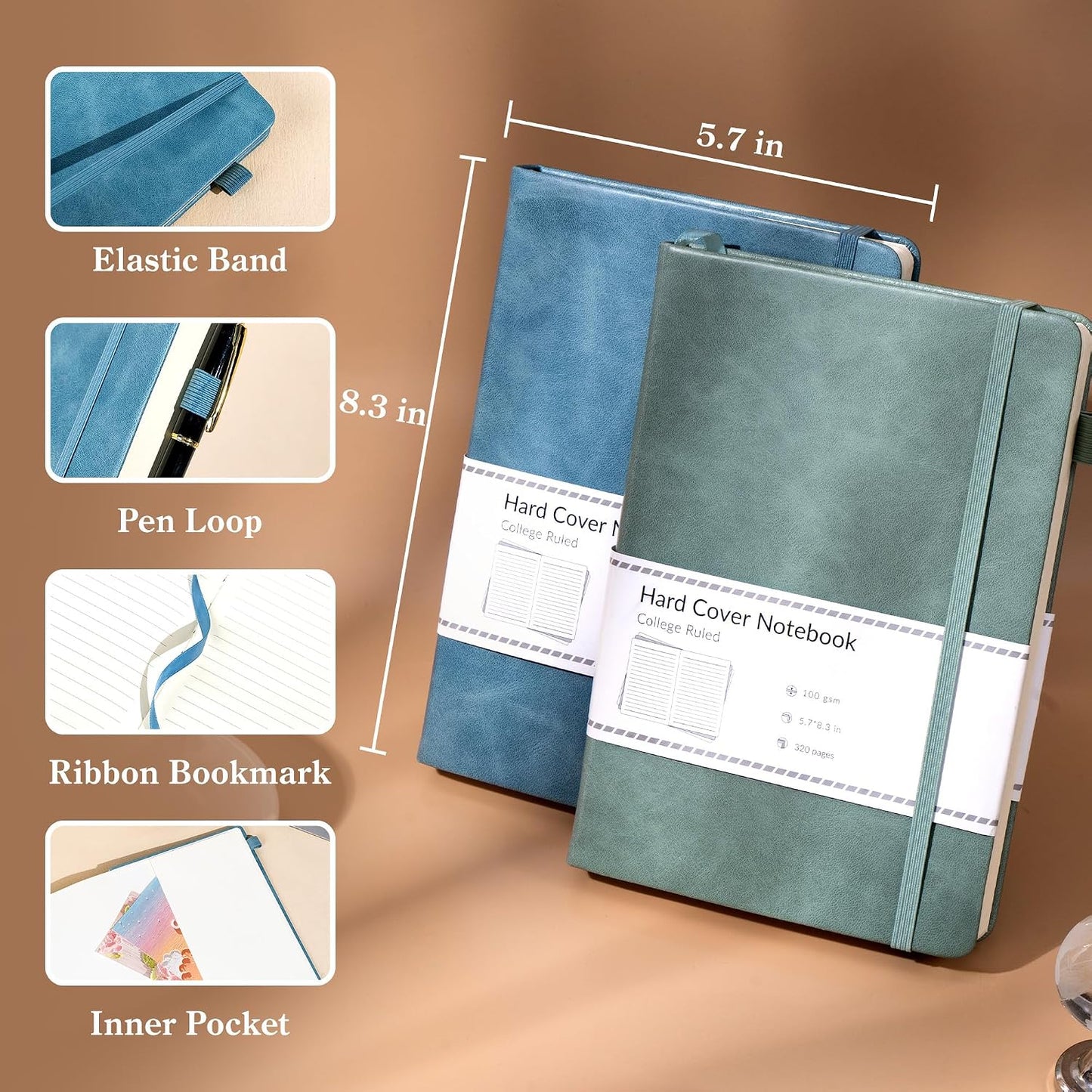 CAGIE Lined Journal Notebook for Women Men 320 Pages 100 Gsm Paper Thick Journaling Notebooks A5 Leather Journals for Writing Hardcover Journal Supplies for Work Note Taking Diary, 5.7x8.3 In, Green