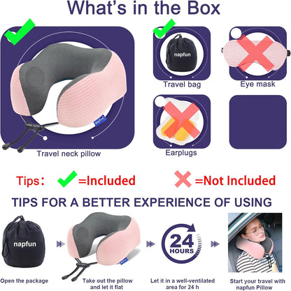 napfun Neck Pillow for Traveling, Upgraded Travel Neck Pillow for Airplane 100% Pure Memory Foam Travel Pillow for Flight Headrest Sleep, Portable Plane Accessories, Light Grey