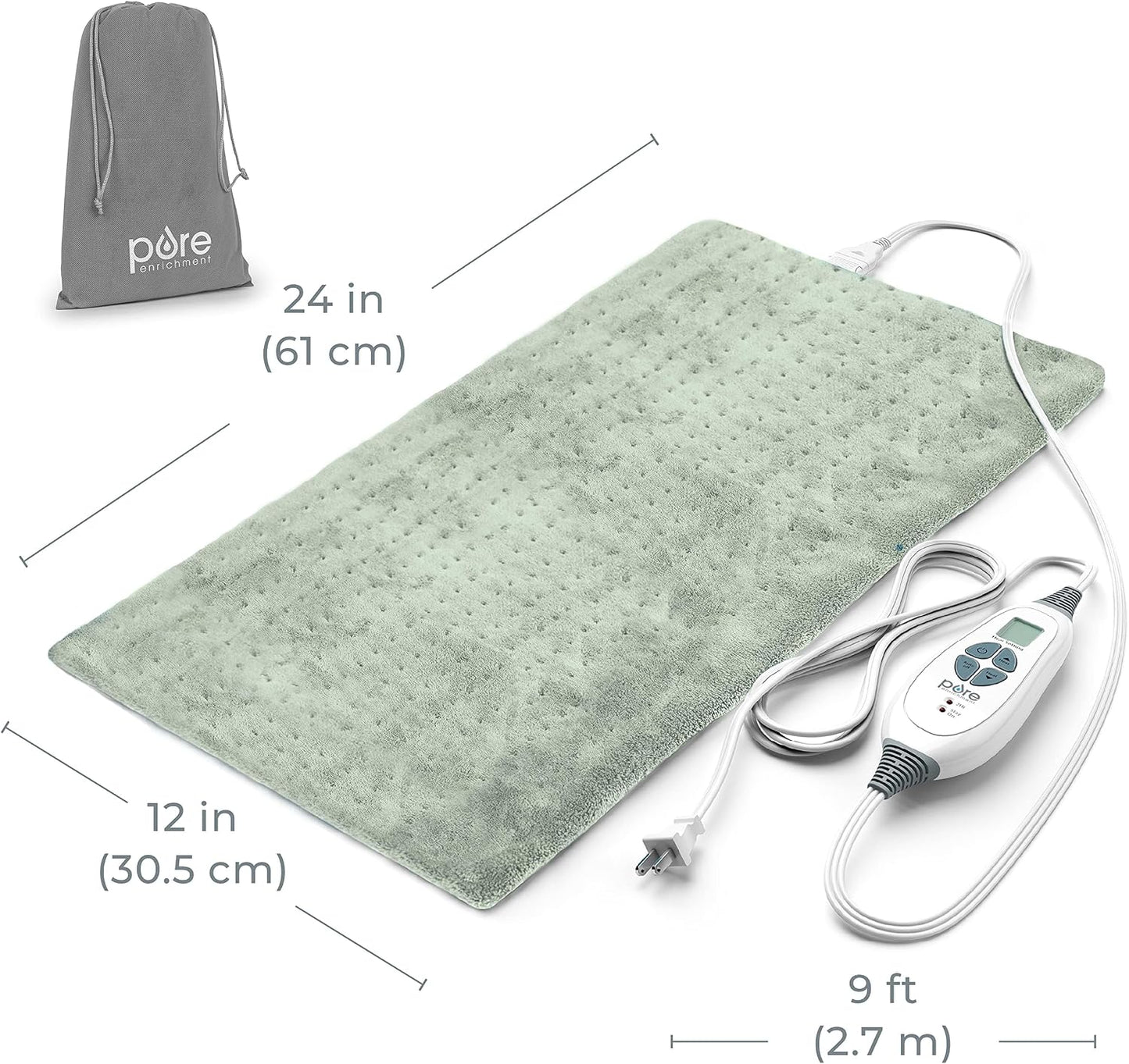 Pure Enrichment® PureRelief® XL Heating Pad - 12" x 24" Electric Heating Pad for Back Pain & Cramps, 6 Heat Settings, Soft Machine Wash Fabric, Auto-Off & Moist Heat (Charcoal Gray)