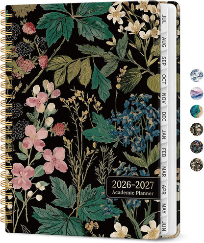 Planner 2026-2027, Academic Monthly and Weekly Calendar Planner for Women, July 2026 - June 2027, Hardcover Pretty Agenda Planner Book with Tabs, Spiral Daily Organizer for School Office Home Supplies, 6.3" x 8.5" - Blue Floral