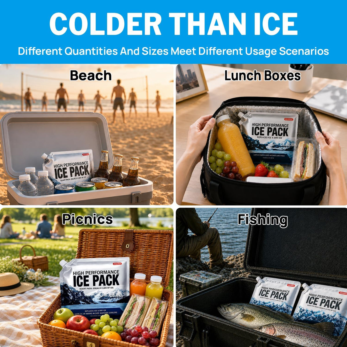 Reusable Ice Packs for Cooler Bag & Large Lunch Box, Long Lasting Gel Freezer Pack for Backpack, Heavy Duty Cold Packs for Camping, Travel, 3 Pack (9.8"x9.8")