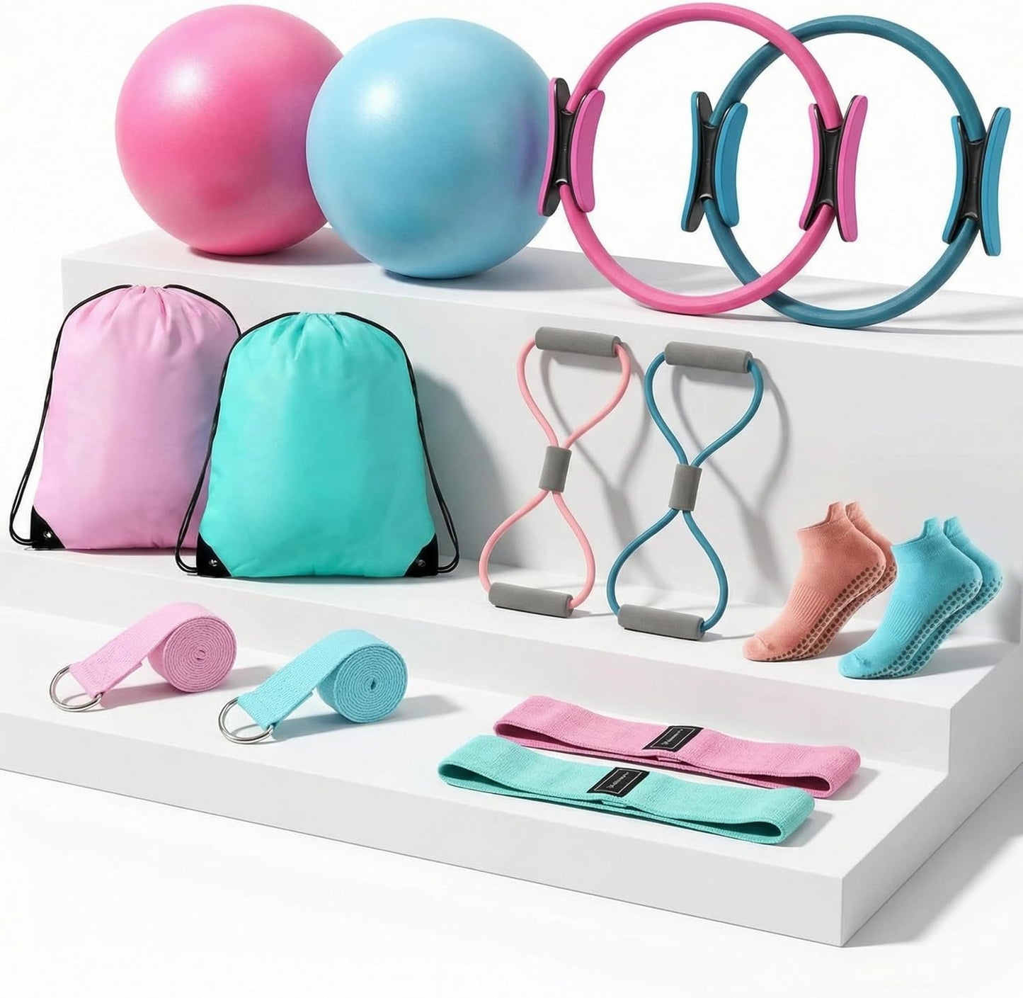 Poen Pilates Equipment Kit for Home Workout Pilates Ring and Ball Set for Women 12'' Circle Yoga Fitness Essentials Kit with Resistance Bands, Yoga Strap, Socks,Bag