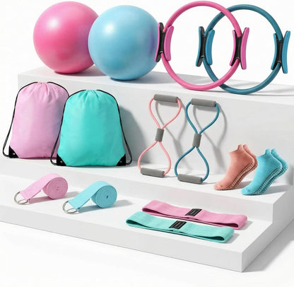Poen Pilates Equipment Kit for Home Workout Pilates Ring and Ball Set for Women 12'' Circle Yoga Fitness Essentials Kit with Resistance Bands, Yoga Strap, Socks,Bag