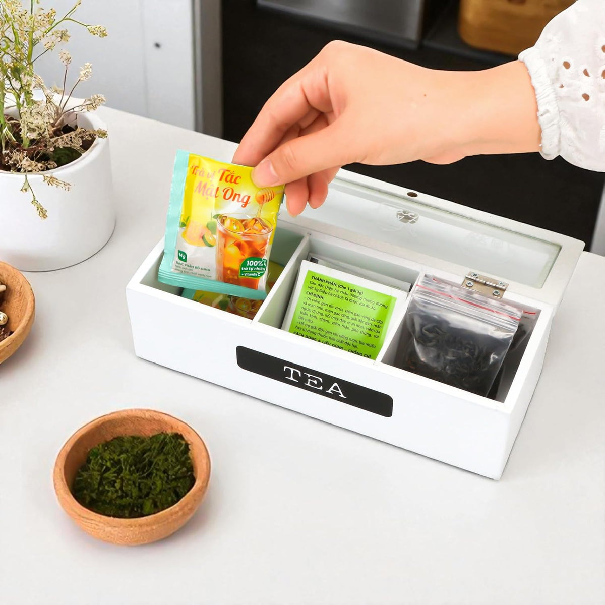 Small Tea Box Wood Tea Bag Organizer Holder White 3 Compartment Slots Box for Storage and Display Slim Caddy Bags with Wooden Divided Chest Mini Countertop Sugar Packet Container Small Space Antique