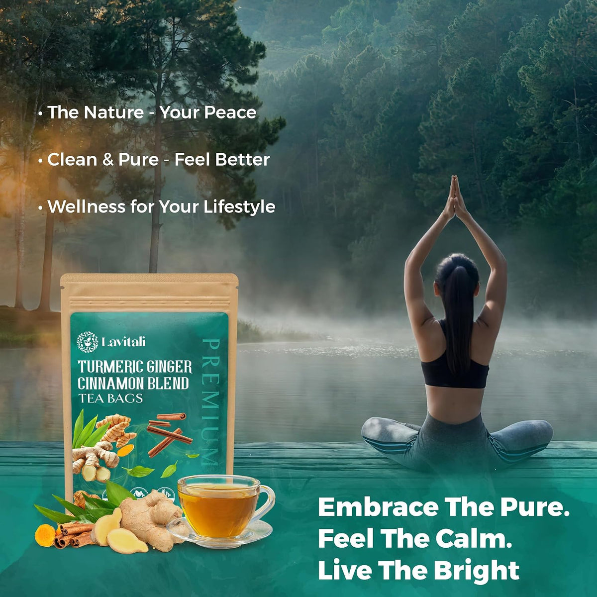 Lavitali, Ginger Turmeric Cinnamon Tea | 120 bags, 100% Pure Herbal Tea | Caffeine-Free, No Sugar, Eco-Friendly Filter Bag | Daily Natural Botanical, Hot or Iced Herbal Infusion