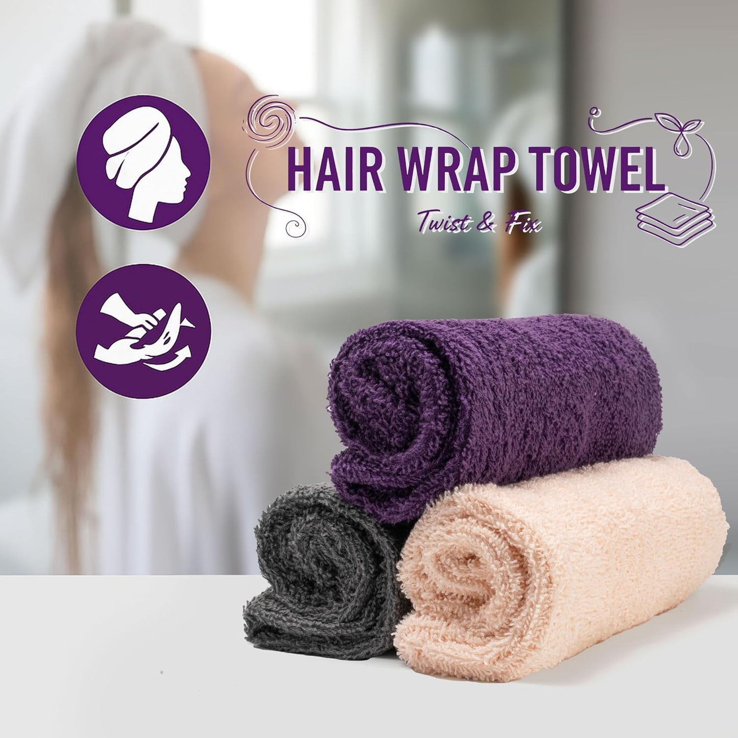 Textila 100% Cotton Hair Wrap Towels for Women (Pack of 2, Raspberry & Green) – Soft & Absorbent Turban Towels for Long, Curly, Frizz-Prone Hair