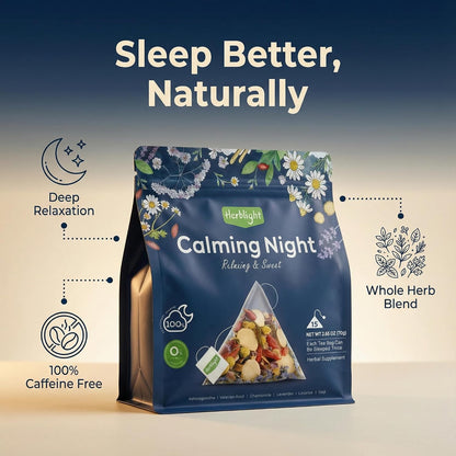 Herblight Valerian Root Night Time Tea with Lavender & Chamomile - Caffeine-Free Calming Herbal Blend for Relaxation & Stress Relief - Premium Whole Leaf Ashwagandha Tea (15 Sachets)