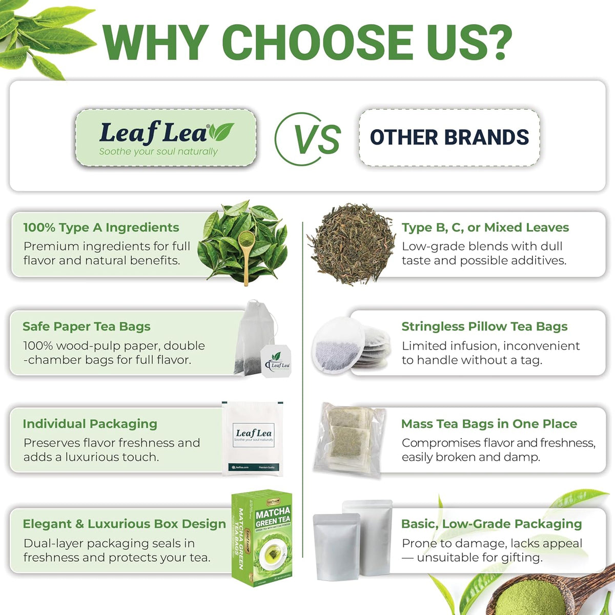 LeafLea Matcha Green Tea Bags, 80 Individually Wrapped, Stock-Up 2-Pack