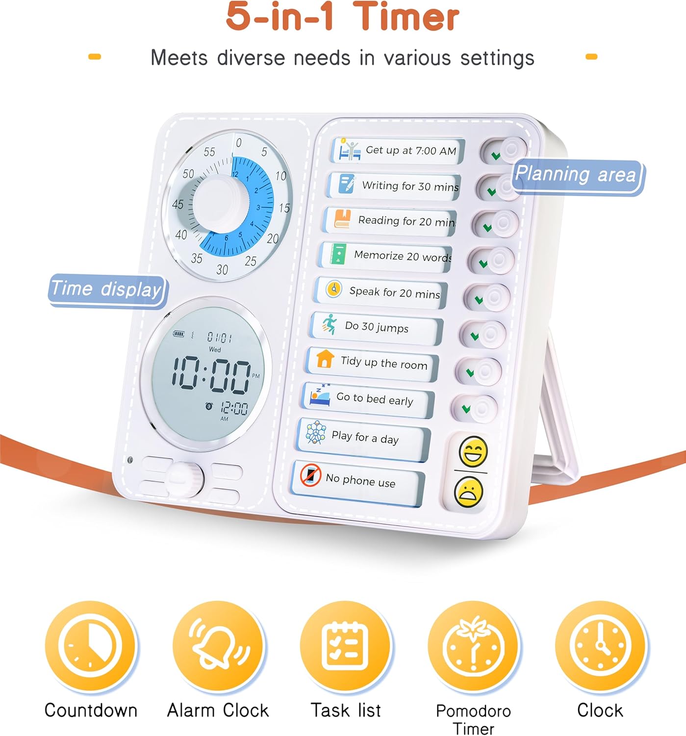 3-in-1 Visual Timer Task Timer with Chore Chart Board, ADHD Tool for Kids Adults Visual Schedule for Kids with Autism, Daily Checklist for Home, School, Classroom, Desk, Chore Chart