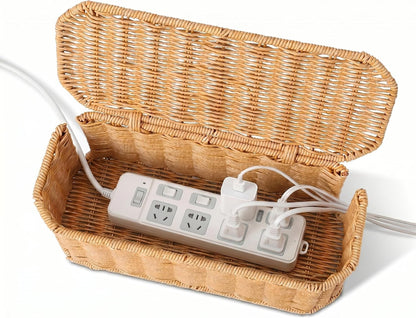 Rattan Cable Management Box, Cord Organizer to Hide Cords & Power Strip
