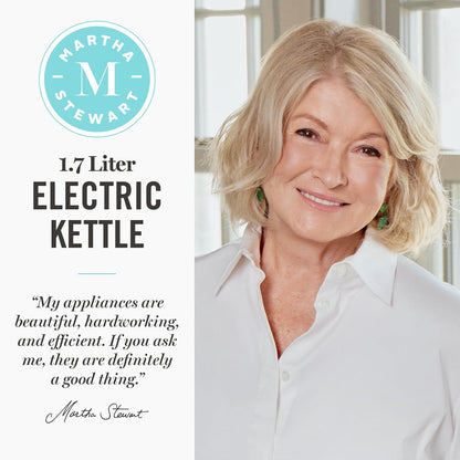 Martha Stewart Electric Kettle with Removable Stainless Steel Tea Infuser, Glass Carafe 1.7L (7 Cups), Hot Water Boiler, 4 Presets, Keep Warm & Auto Shut-Off, Cordless 360° Swivel Base, Honeydew Green