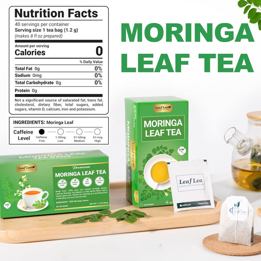 LeafLea Moringa Tea Bags, Pure Moringa Leaf Herbal Tea, 80 Count, 2 Boxes