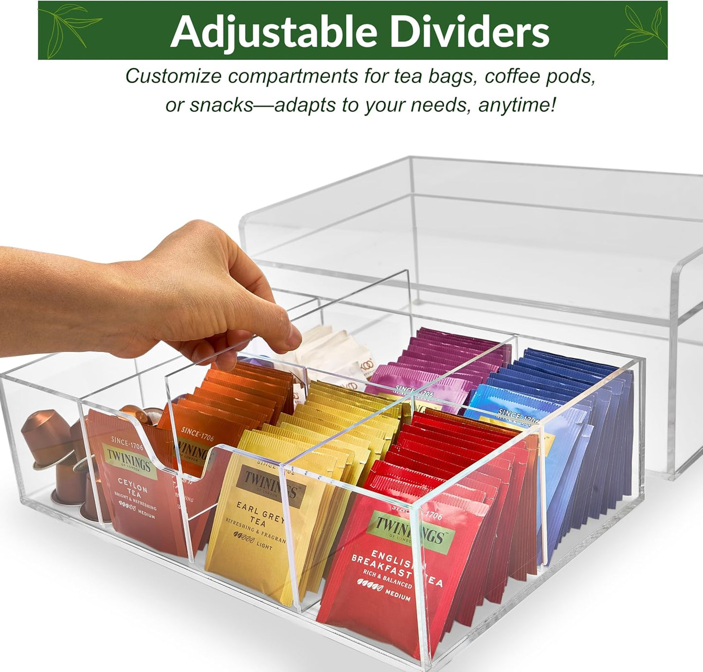 Heavy-Duty Acrylic Tea Bag Organizer, 8-Compartment Storage Box | Perfect Organizer: 8-compartment design keeps tea bags and coffee pods neatly sorted, saving space on your countertop.
