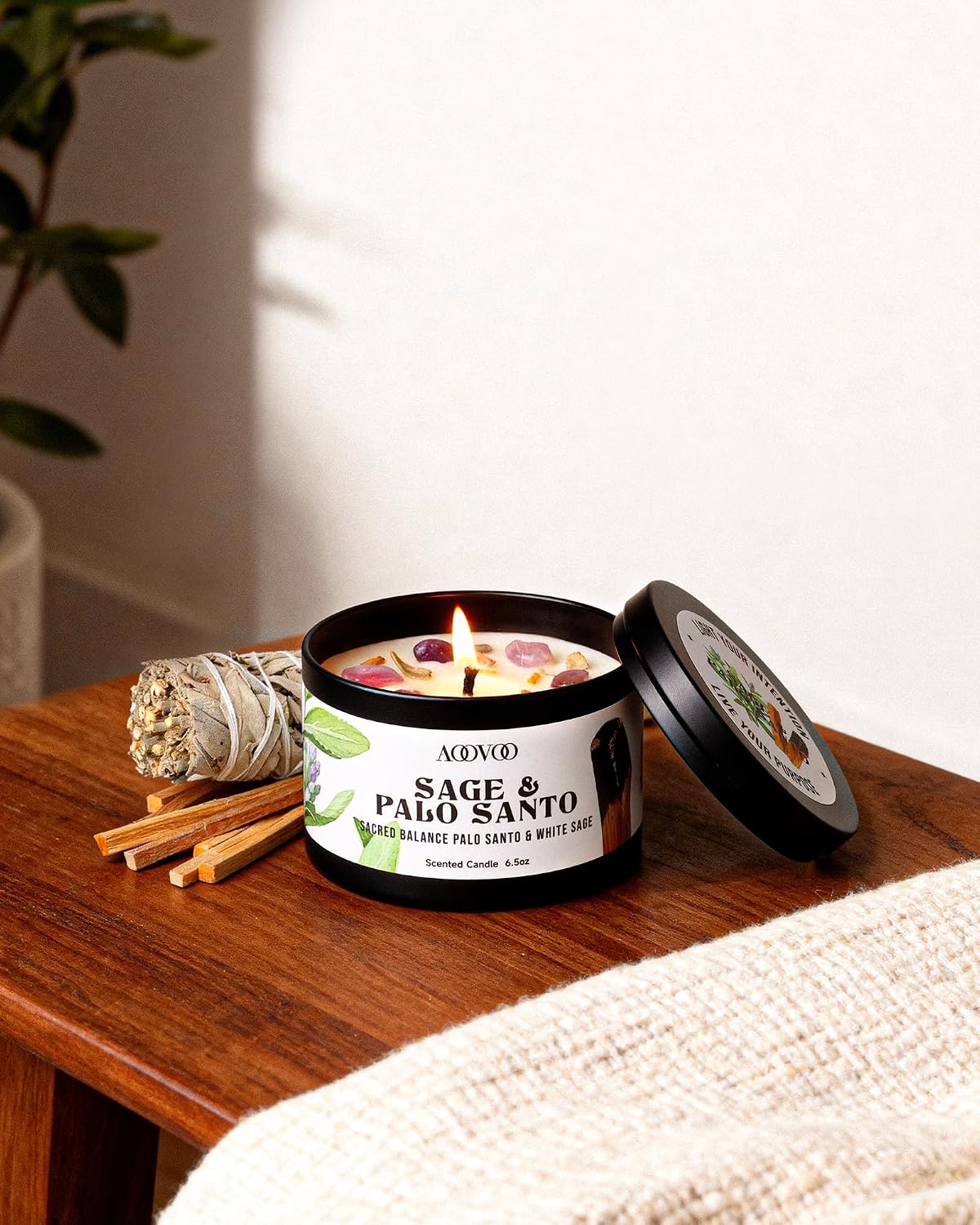 AOOVOO Sage Candle for Cleansing - 3 Wick 12oz Large Scented Candle with Crystals & Sage Leaves Inside, Soy Candles Non Toxic for Meditation Spiritual Gift, Aromatherapy Candle for Women Men