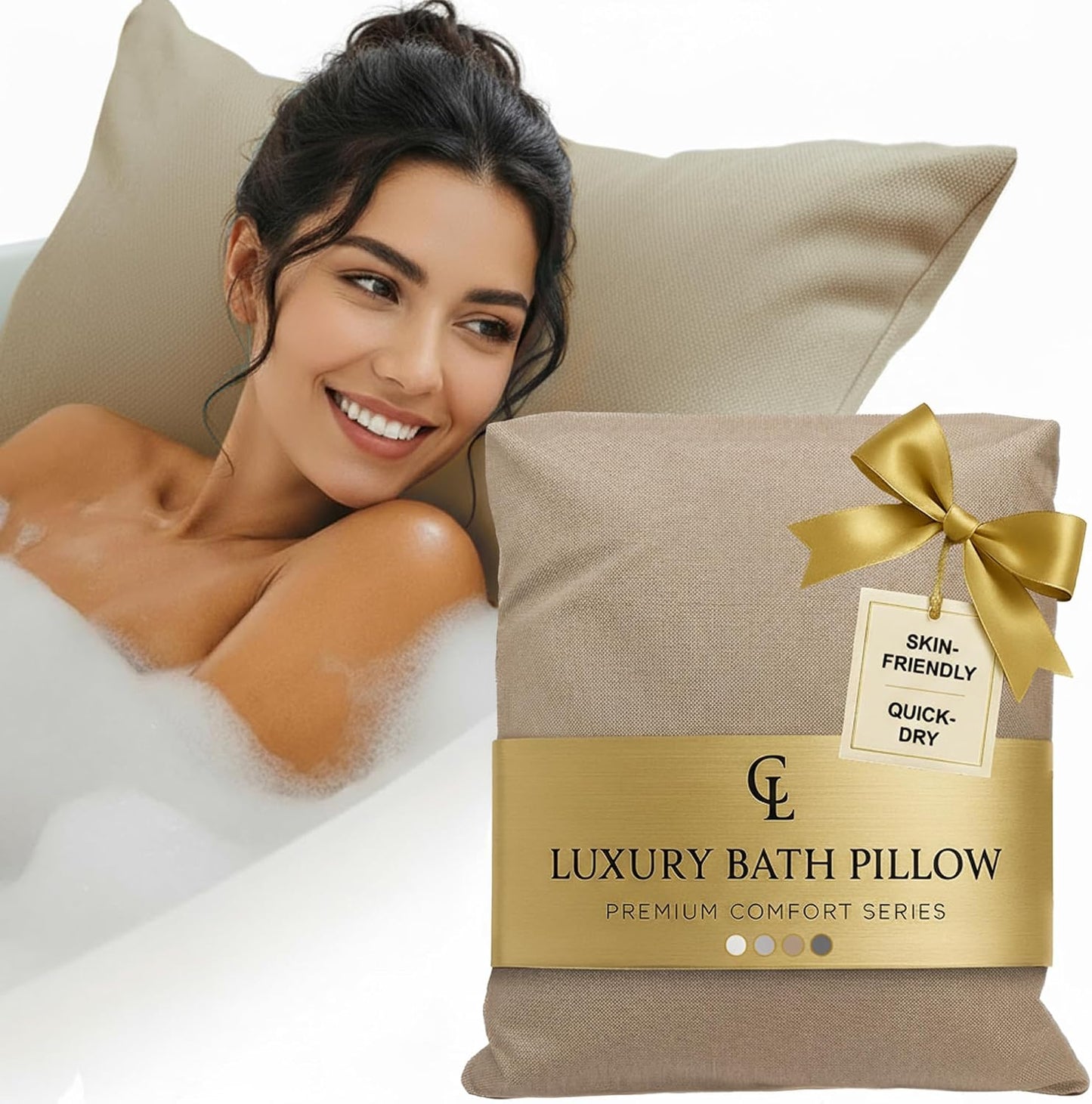 Luxury Bath Pillow for Tub - Thick and Comfortable Bathtub Pillow Support for Head and Neck and Back - Washable Quick-Drying Bath Pillows - Bath Cushion for Home Spa - Fits Any Bathtub - Light Gray