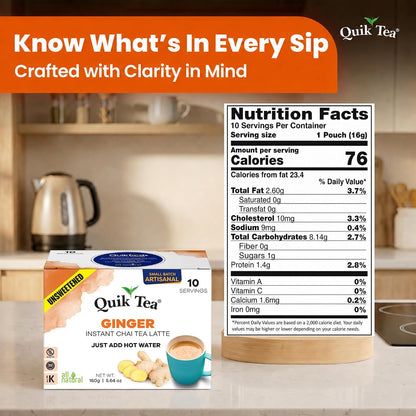 QuikTea Instant Chai Tea Latte Mix, Masala, Unsweetened, 20 Sachets