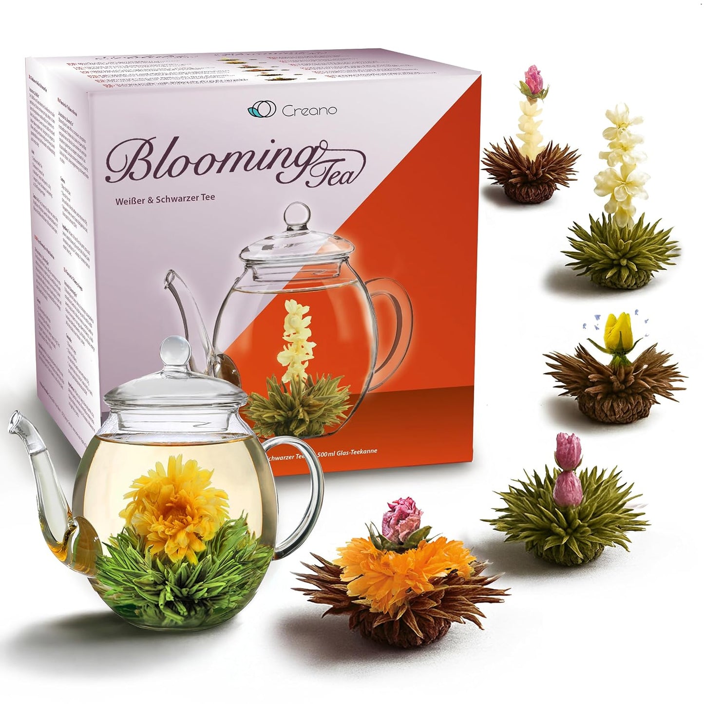 Creano Blooming Tea Gift Set with Glass Teapot 17oz (500ml) - Green Tea Fruity Flavoured Tea Flowers in 6 Varieties - Flowering Tea Gift for Easter